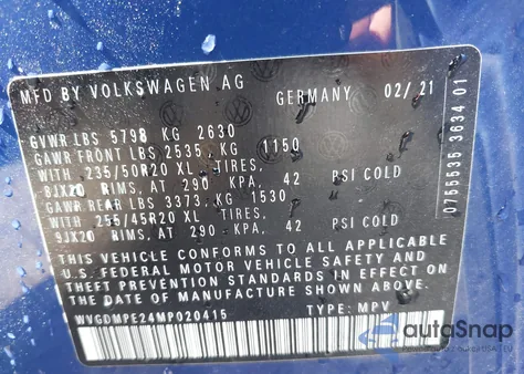 2021 Volkswagen Id.4 1St Edition из США, поврежденный, VIN WVGDMPE24MP020415